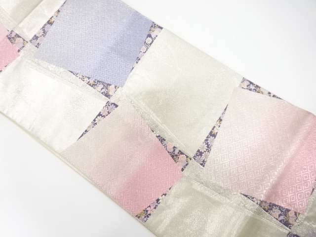 JAPANESE KIMONO / ANTIQUE FUKURO OBI / SILK / WOVEN SHIKISHI & RHOMBUS & FLORAL ARABESQUE